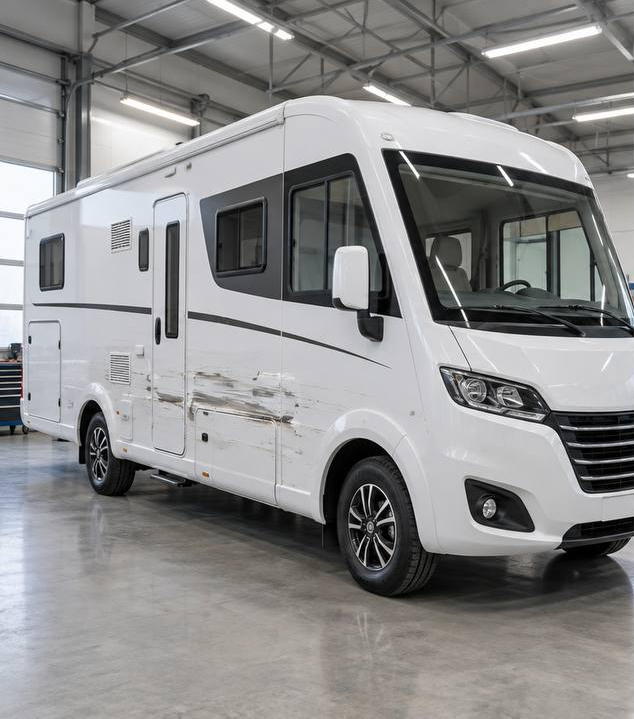 Wohnmobil mit Seitenschaden vor der Reparatur